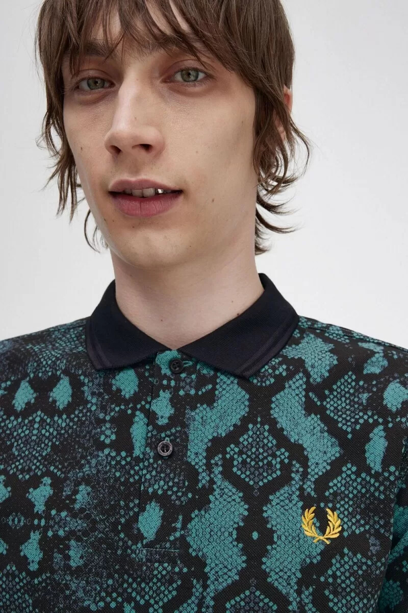 fred perry snake print mens shirt deep mint