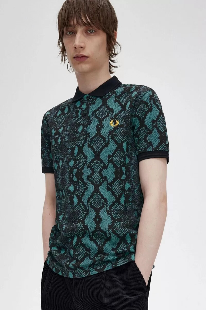 fred perry snake print mens shirt deep mint
