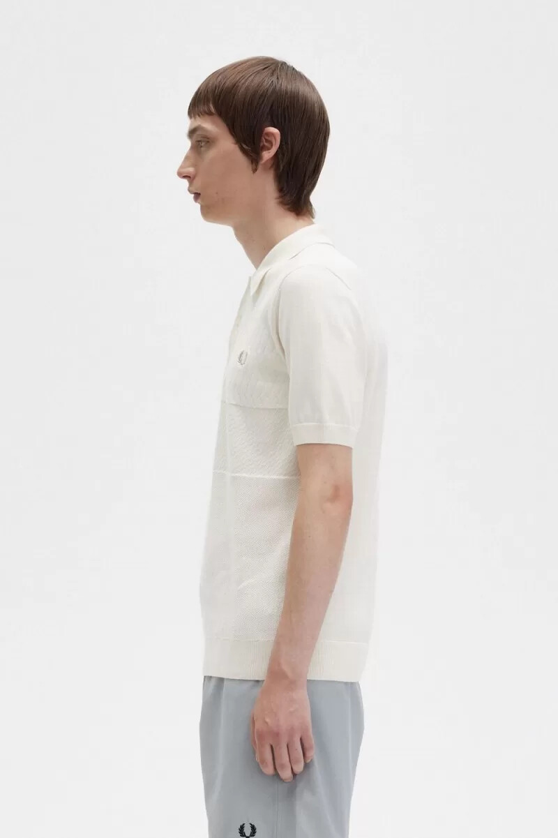 fred perry tonal panel knitted mens shirt beige