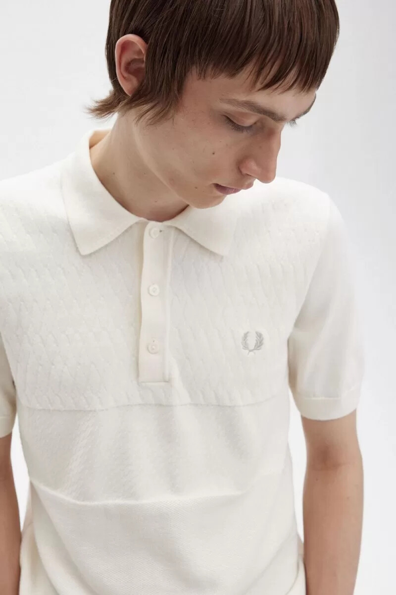 fred perry tonal panel knitted mens shirt beige