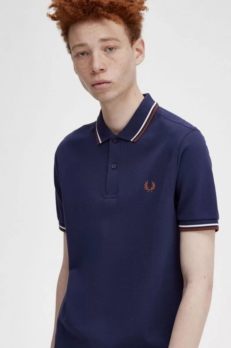 fred perry m3600 mens shirt french navy beige whisky brown