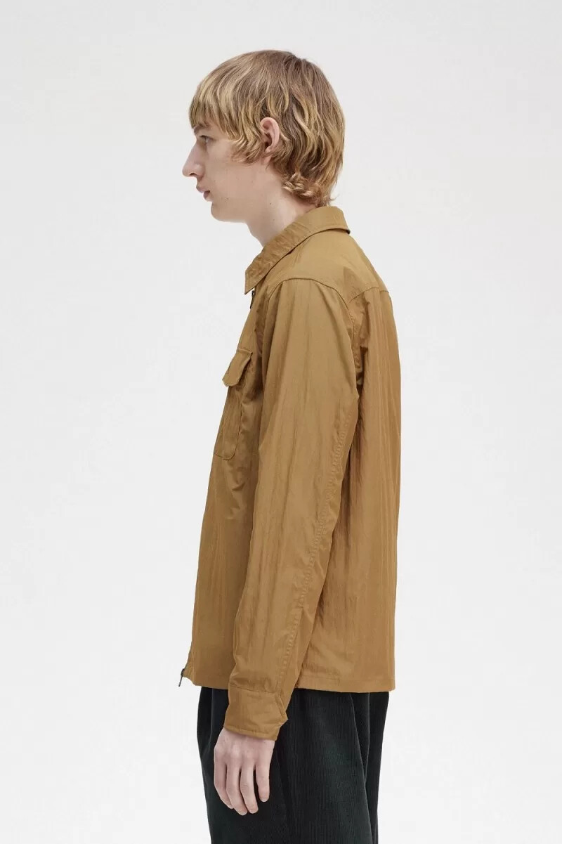fred perry lightweight zip-through mens shirt brown