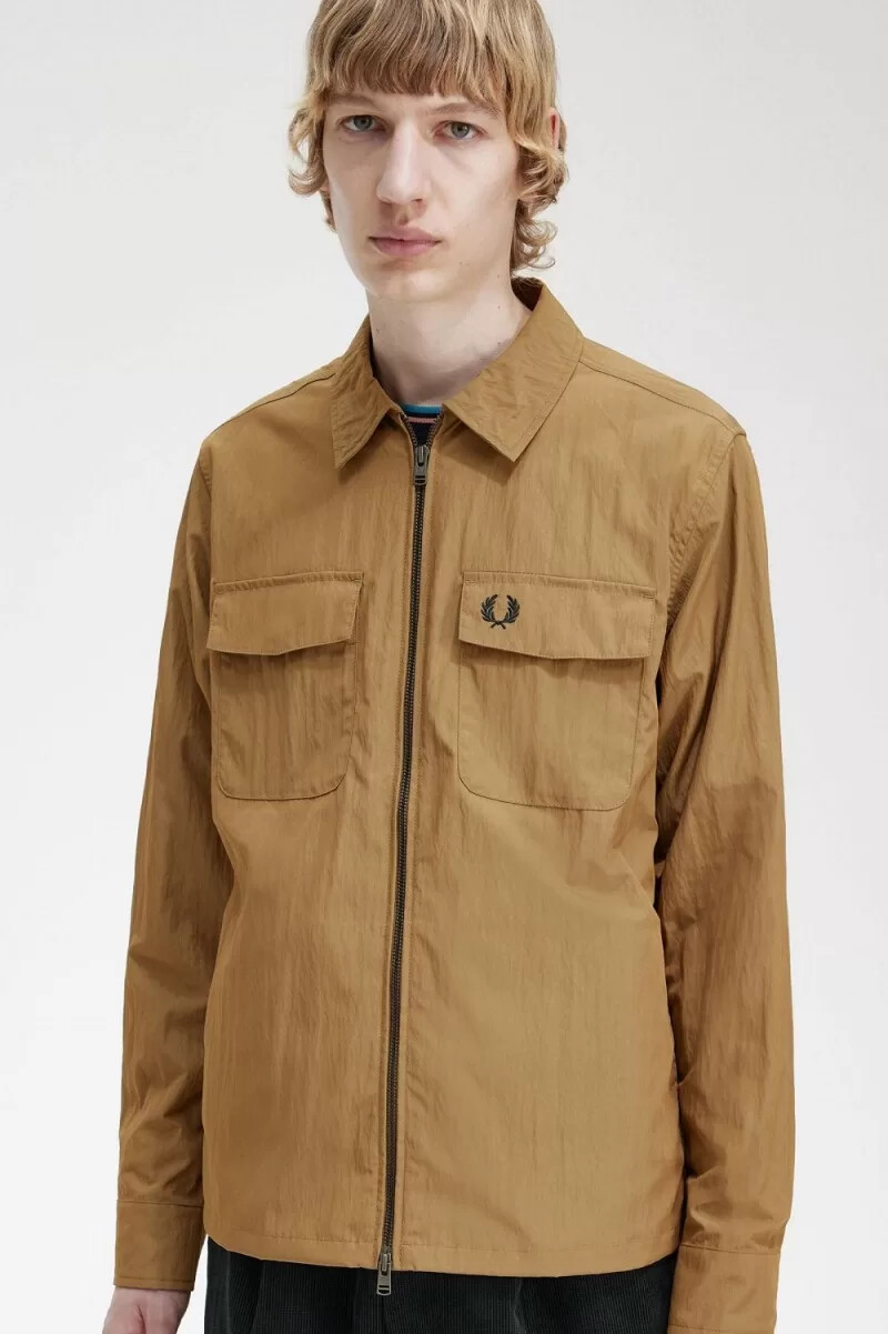 fred perry lightweight zip-through mens shirt brown