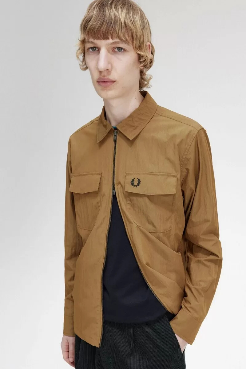 fred perry lightweight zip-through mens shirt brown