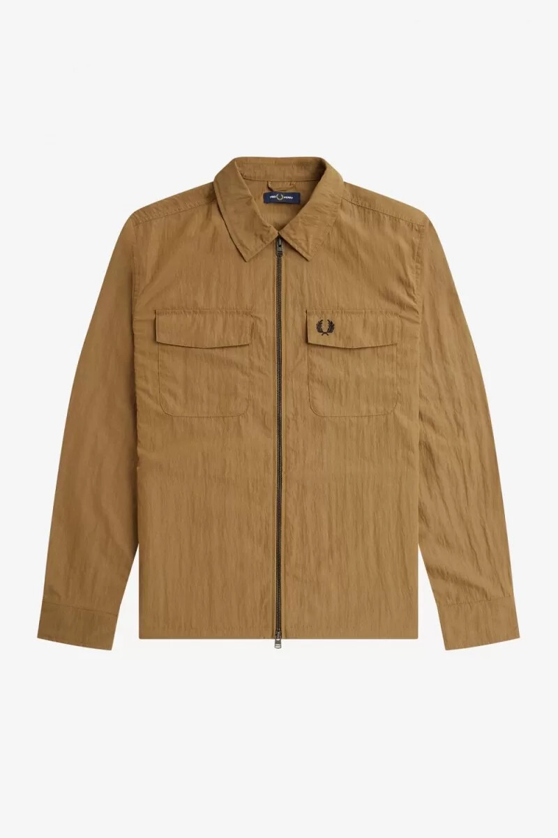 fred perry lightweight zip-through mens shirt brown