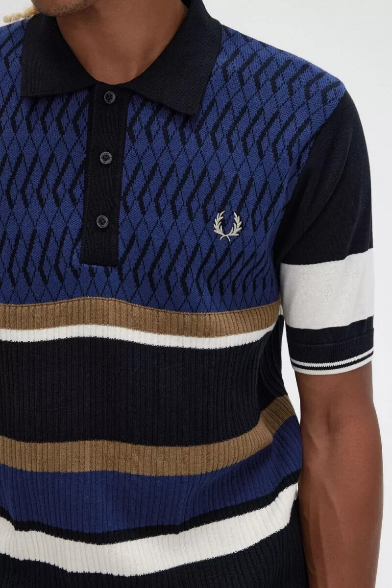 fred perry argyle panel knitted mens shirt french navy