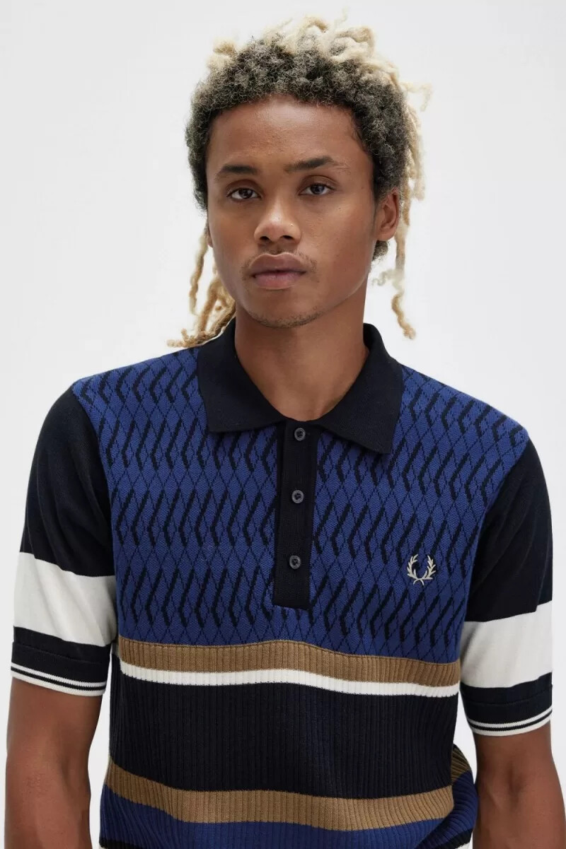 fred perry argyle panel knitted mens shirt french navy