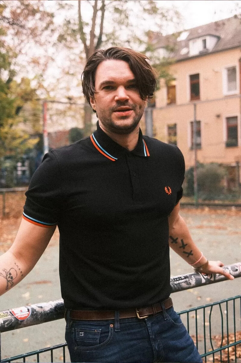 fred perry m12 mens shirt black hamburg sky blue orange spray paint
