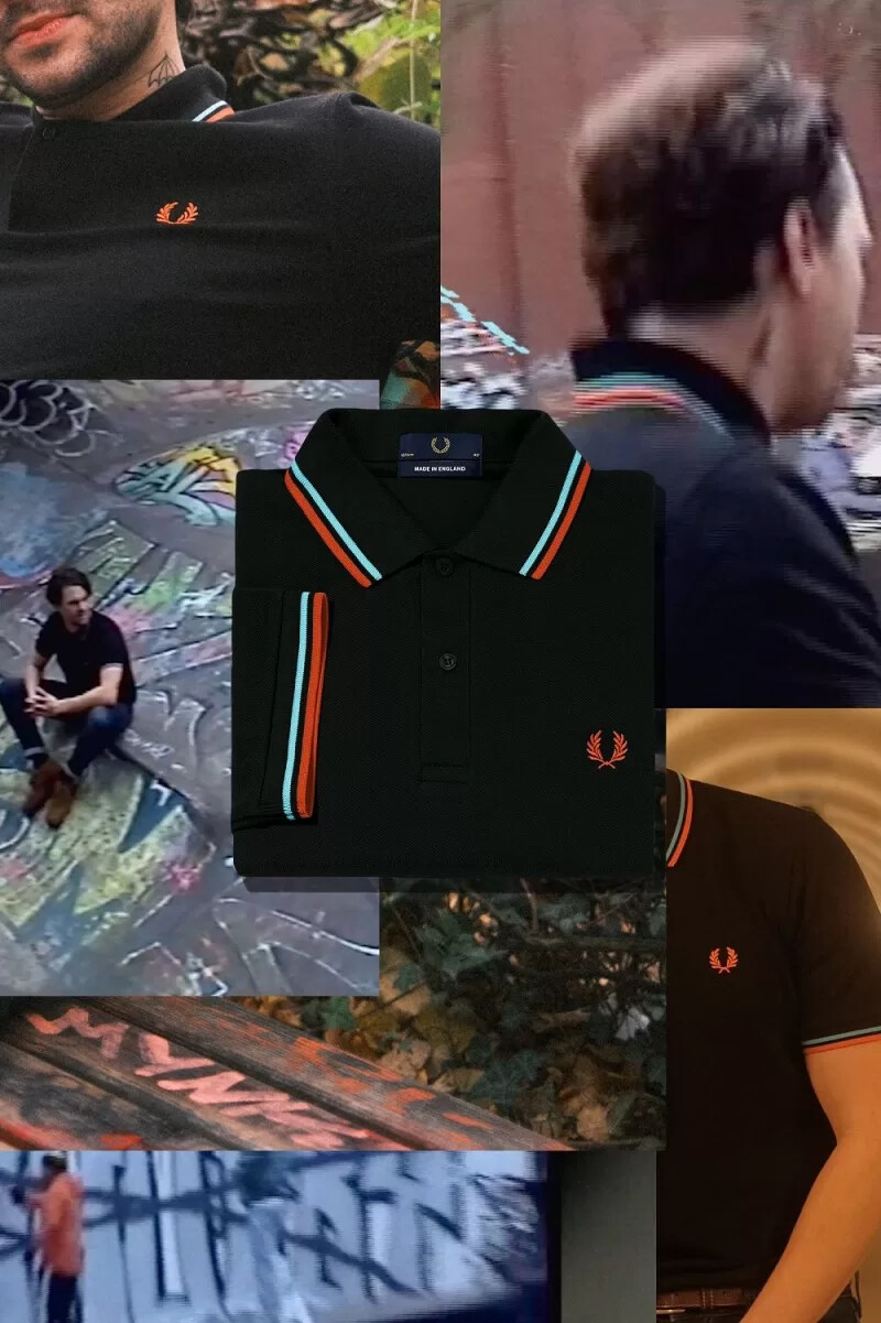 fred perry m12 mens shirt black hamburg sky blue orange spray paint