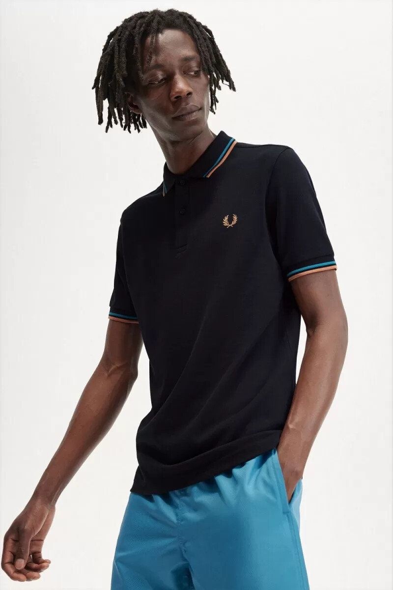 fred perry m3600 mens shirt navy cyber blue light rust
