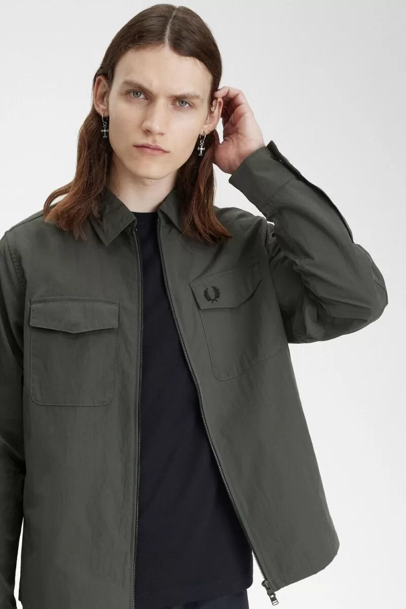 fred perry lightweight zip-through mens shirt field green