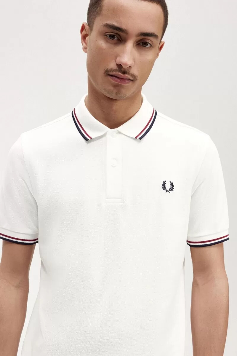 fred perry m3600 mens shirt snow white burnt red navy