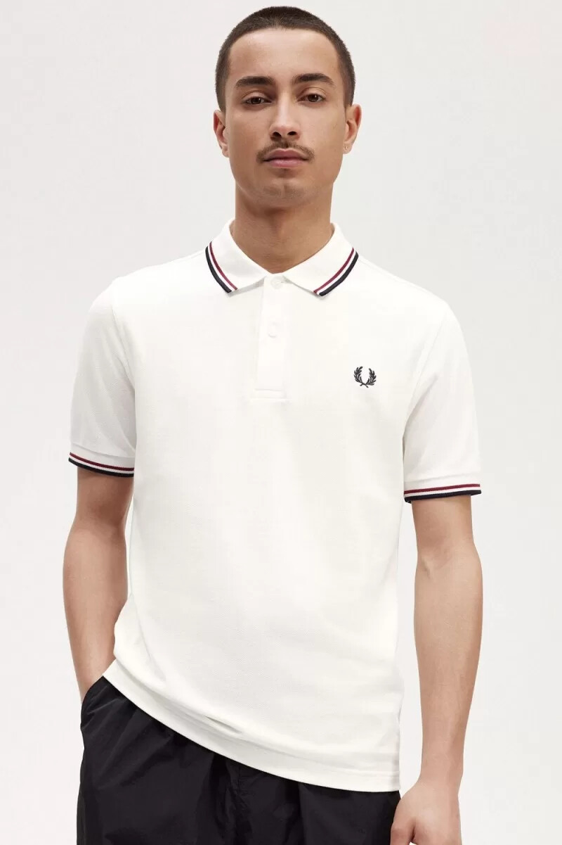 fred perry m3600 mens shirt snow white burnt red navy