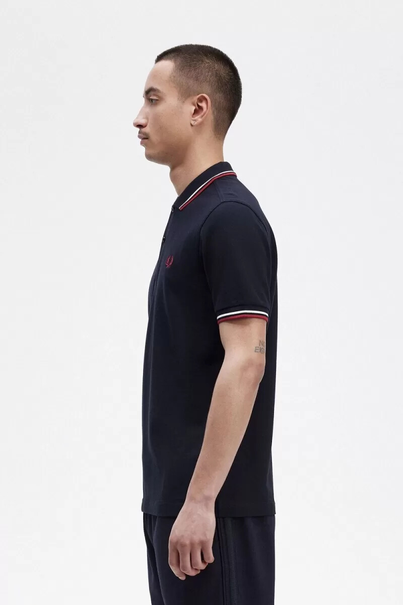 fred perry m3600 mens shirt navy snow white burnt red