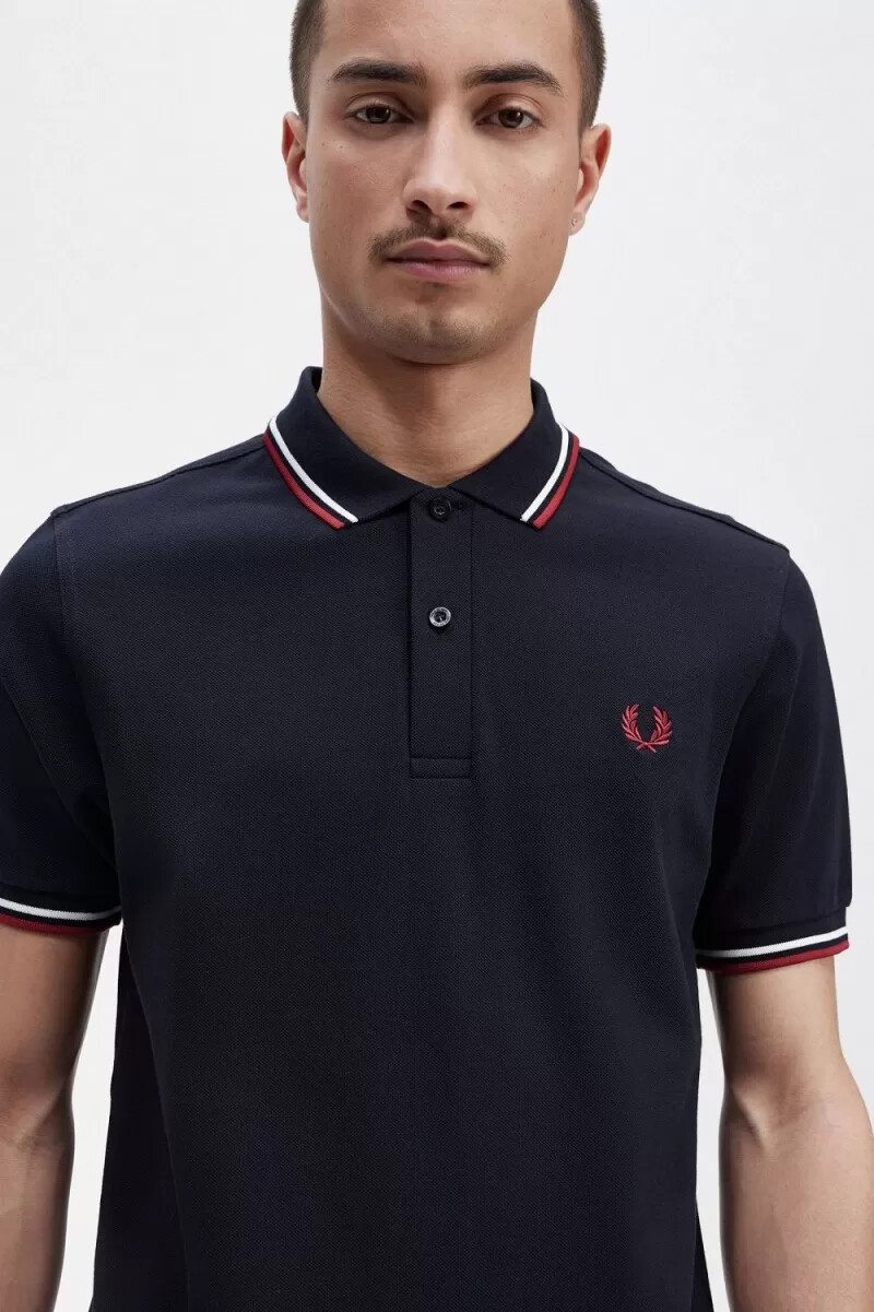 fred perry m3600 mens shirt navy snow white burnt red