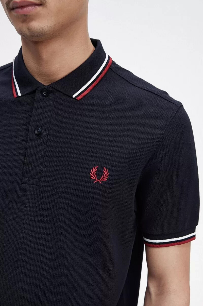fred perry m3600 mens shirt navy snow white burnt red