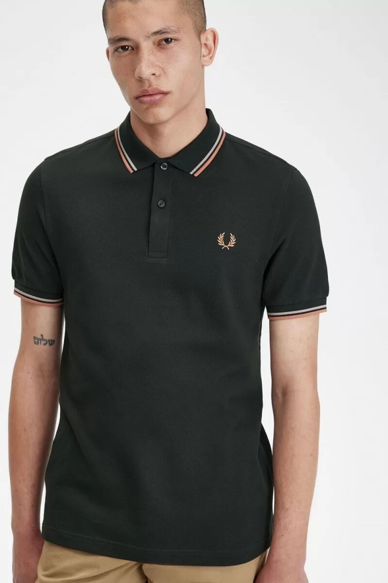 fred perry m3600 mens shirt night green warm grey light rust
