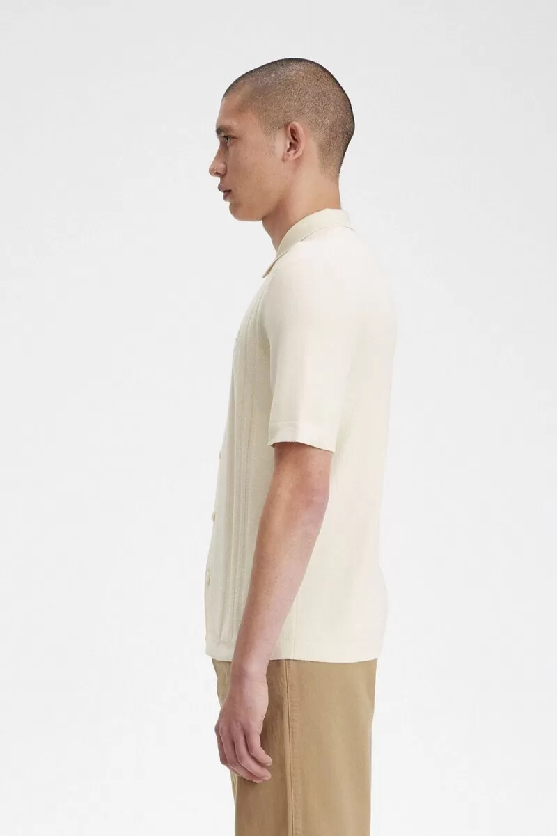 fred perry button through knitted mens shirt beige