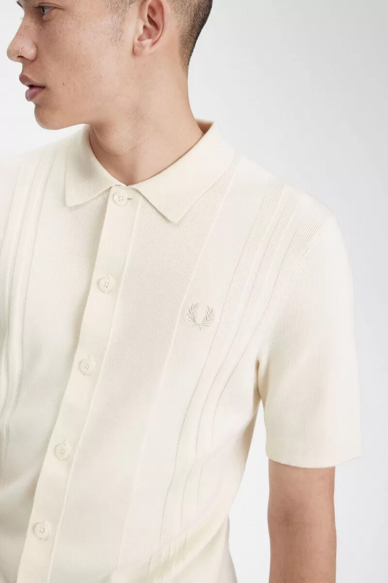 fred perry button through knitted mens shirt beige