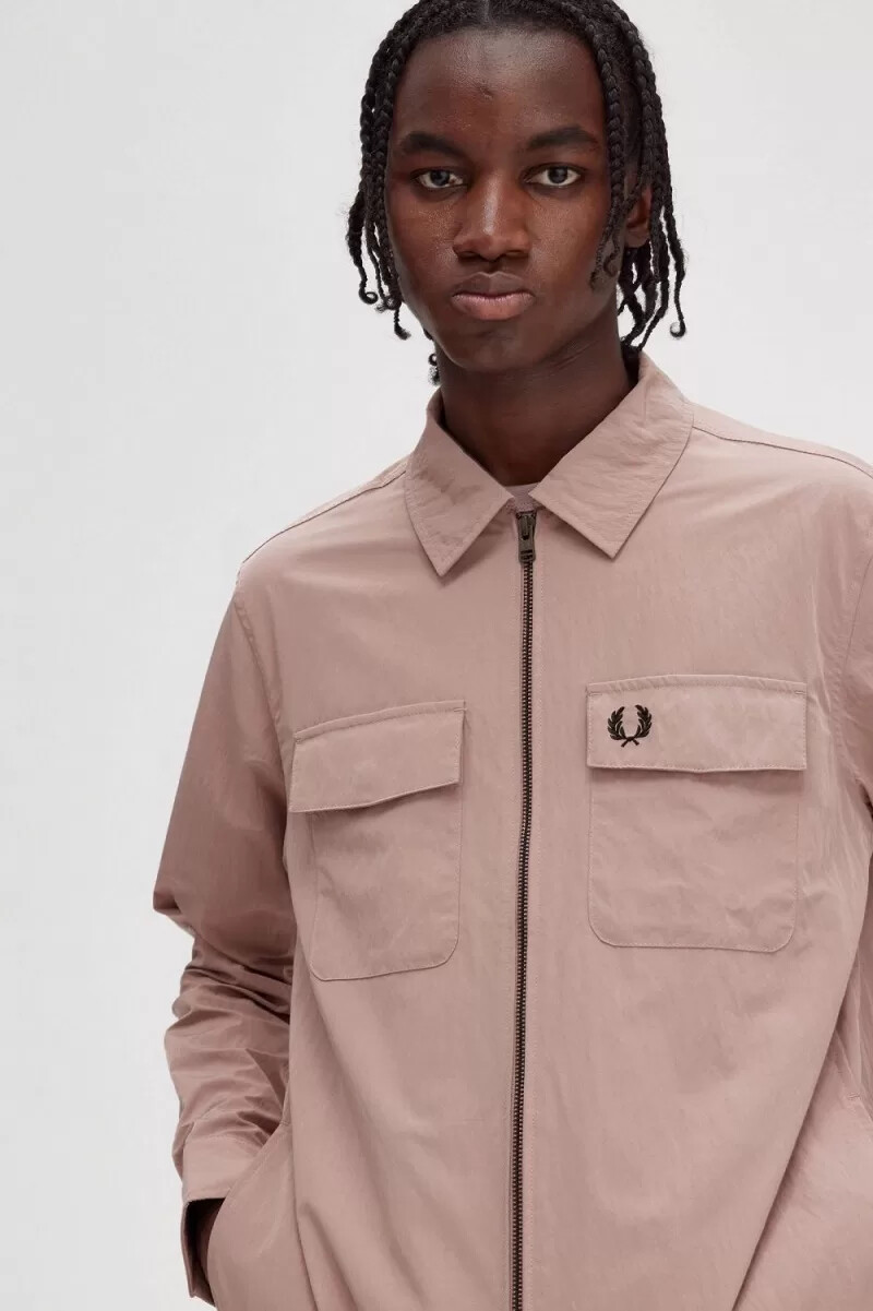 fred perry zip-through mens shirt dark pink