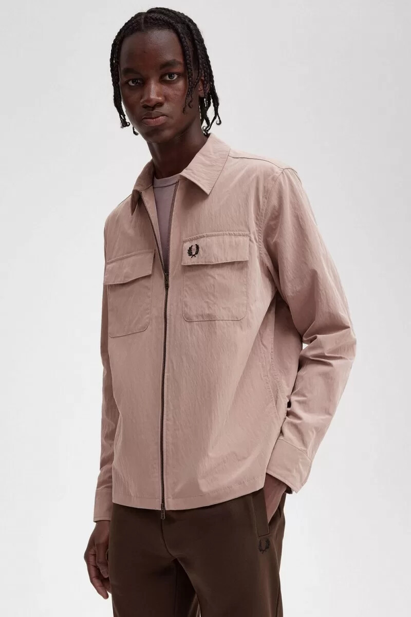 fred perry zip-through mens shirt dark pink