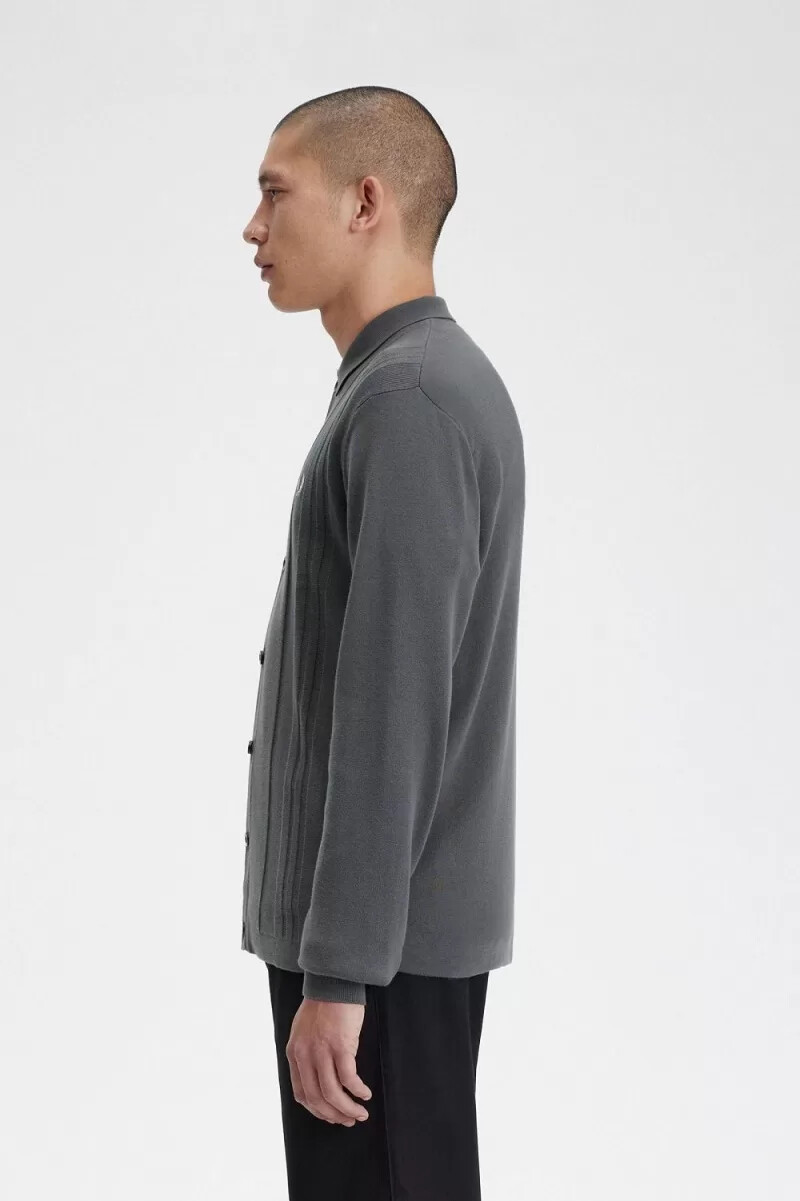 fred perry button through knitted mens shirt field green