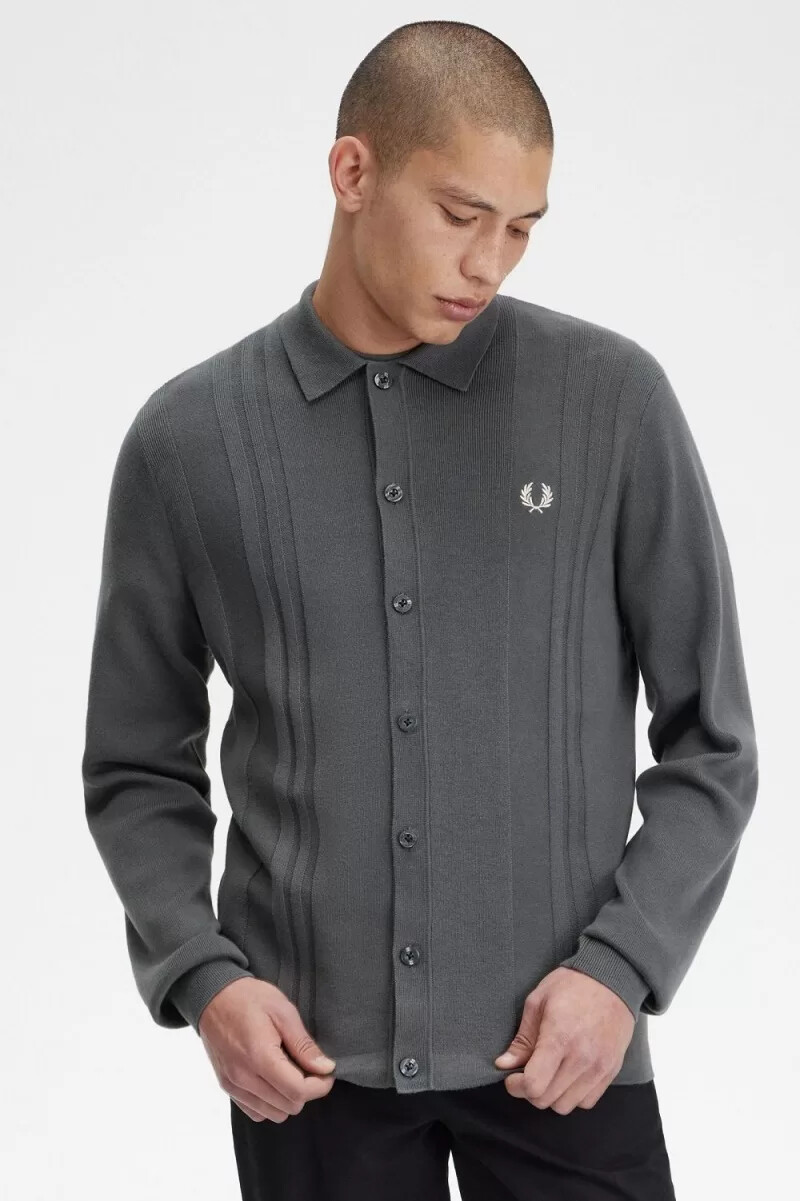 fred perry button through knitted mens shirt field green