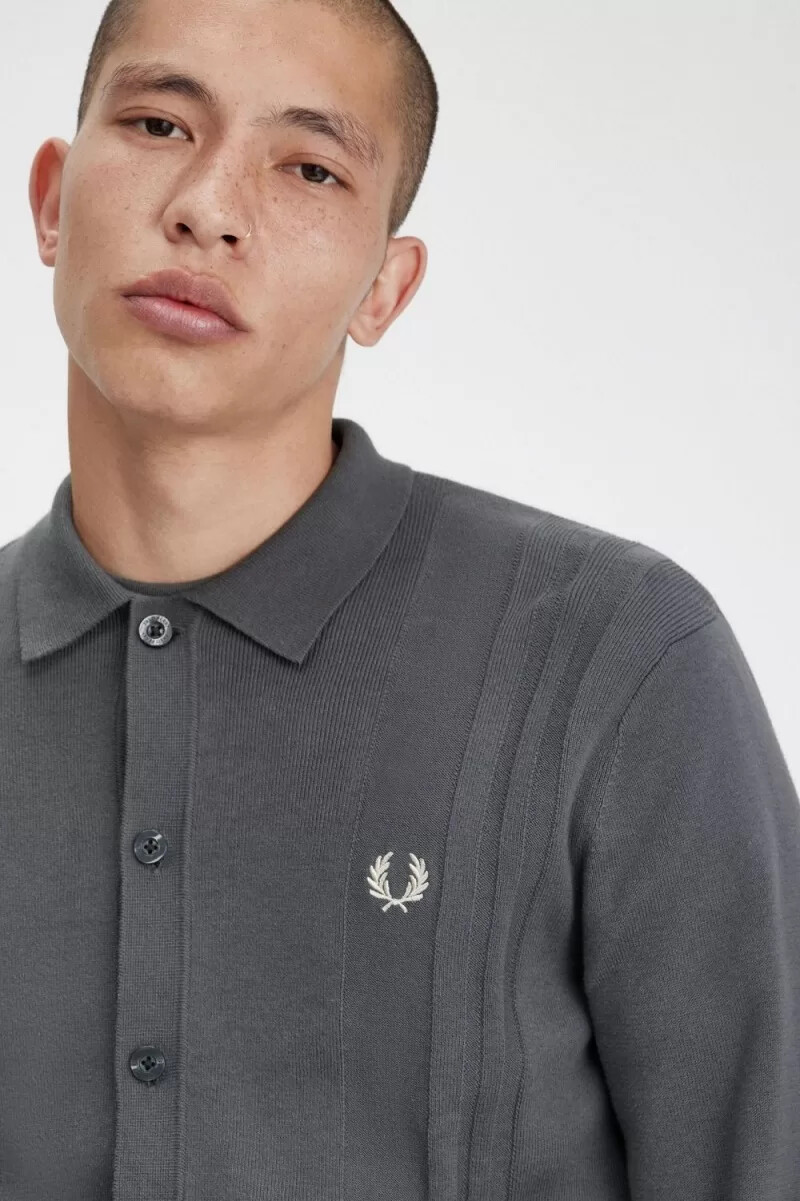 fred perry button through knitted mens shirt field green