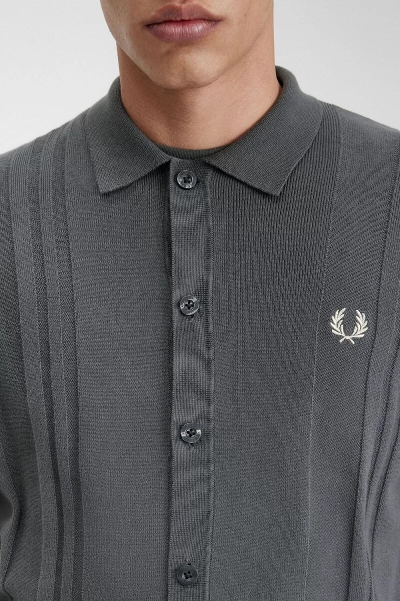 fred perry button through knitted mens shirt field green