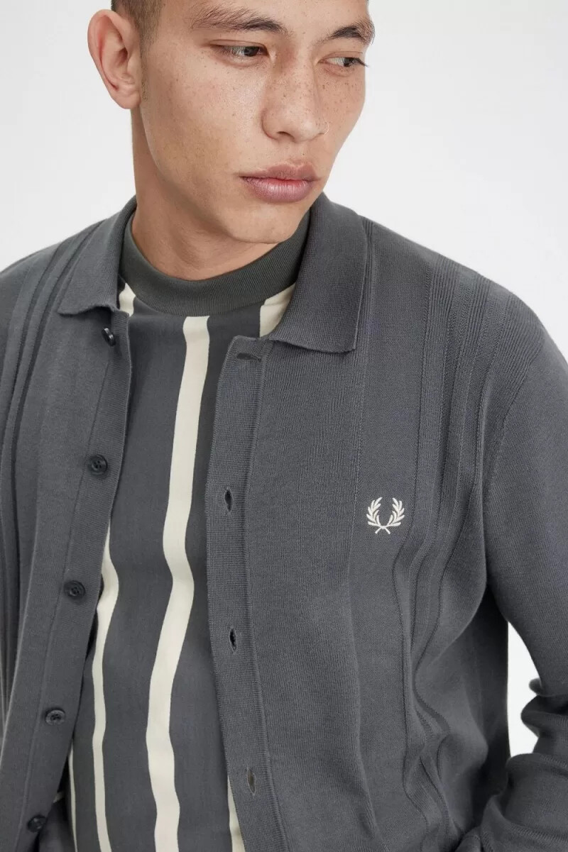 fred perry button through knitted mens shirt field green