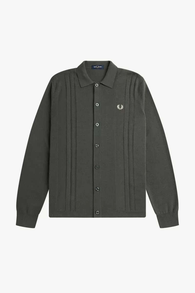 fred perry button through knitted mens shirt field green