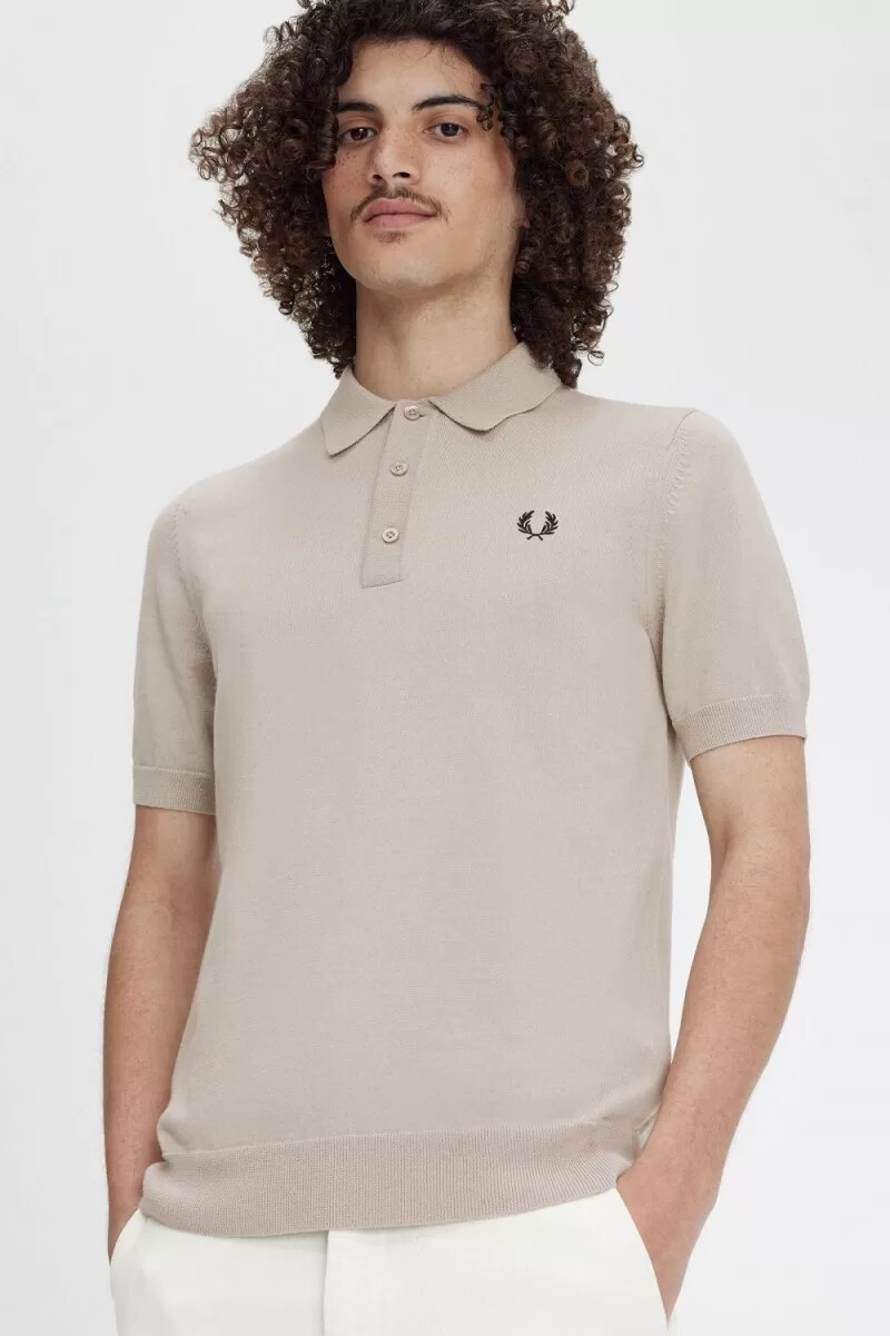 fred perry classic knitted mens shirt dark oatmeal