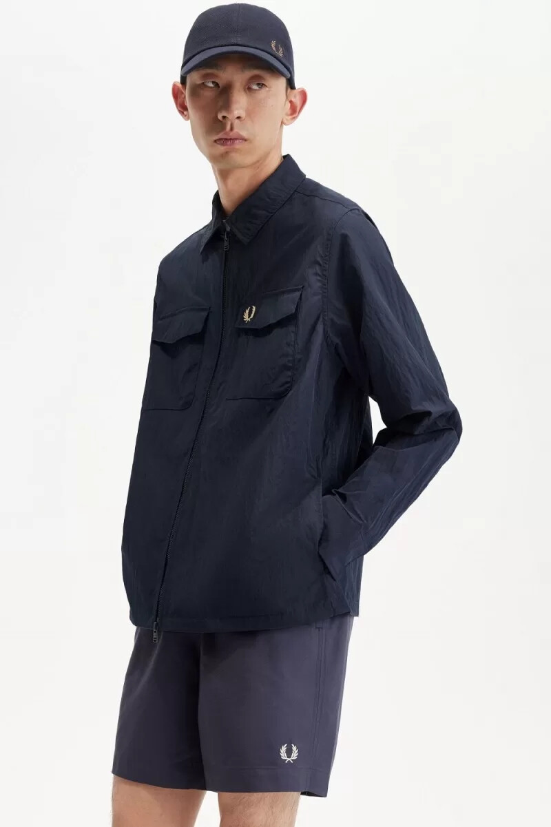 fred perry textured zip-through mens shirt navy