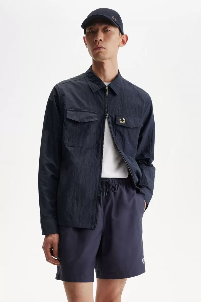 fred perry textured zip-through mens shirt navy
