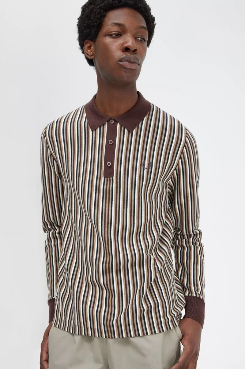 fred perry fine stripe knitted mens shirt dark red