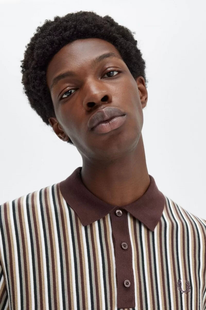 fred perry fine stripe knitted mens shirt dark red