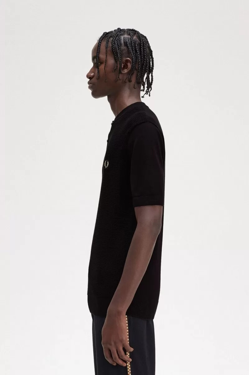 fred perry waffle stitch henley mens shirt black
