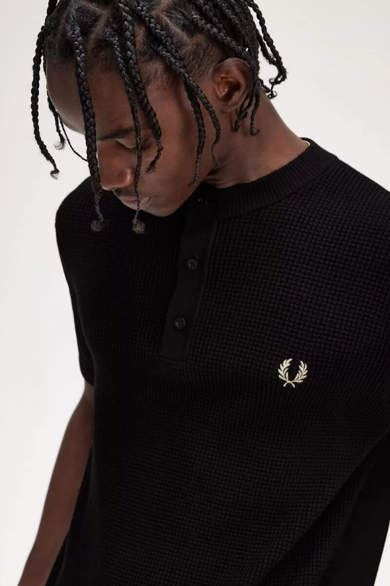 fred perry waffle stitch henley mens shirt black