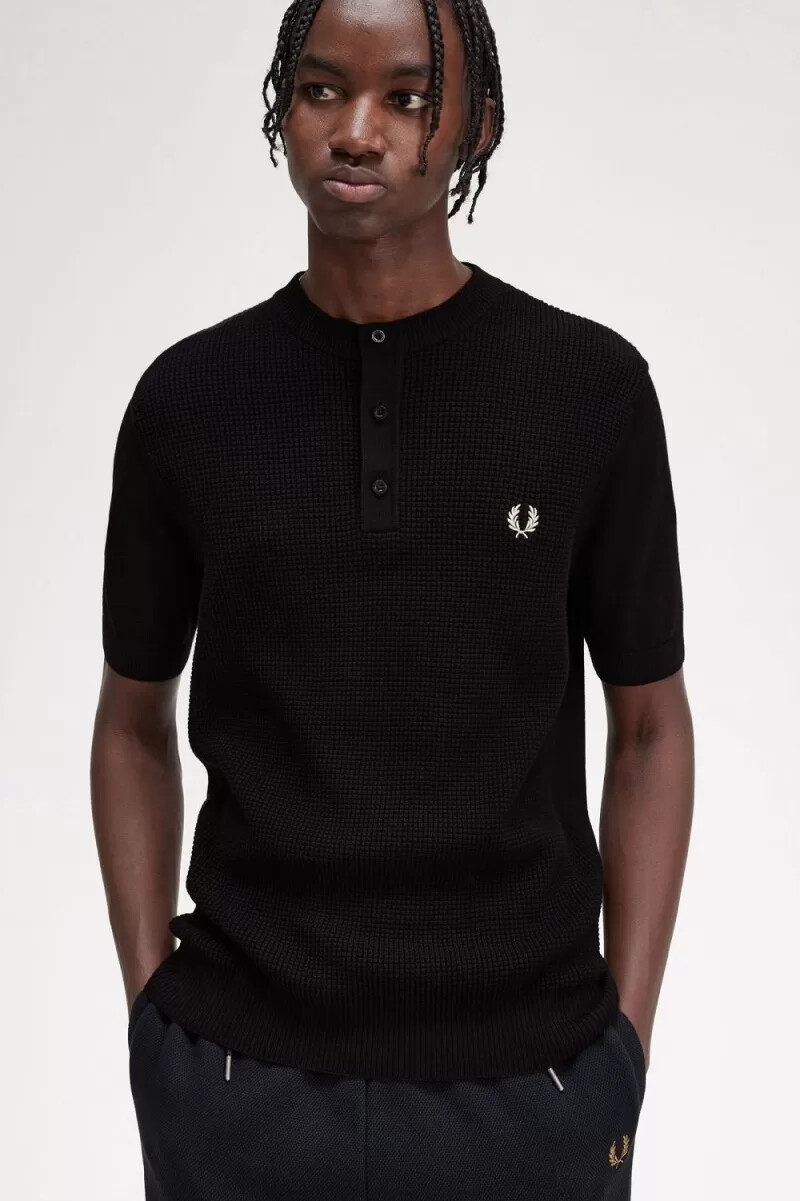 fred perry waffle stitch henley mens shirt black