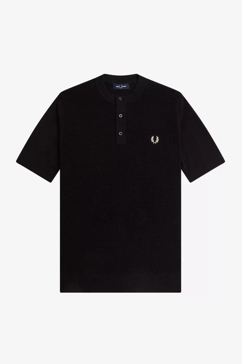 fred perry waffle stitch henley mens shirt black