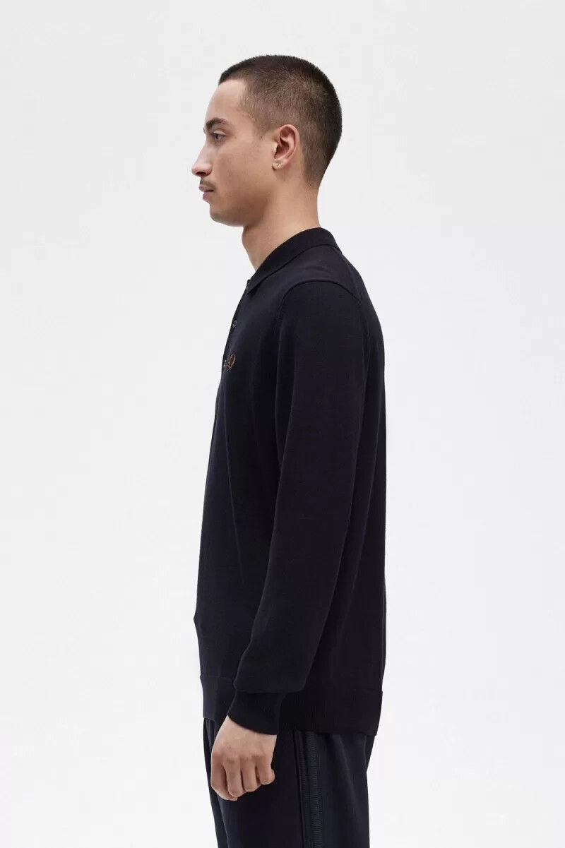 fred perry long sleeve knitted mens shirt navy