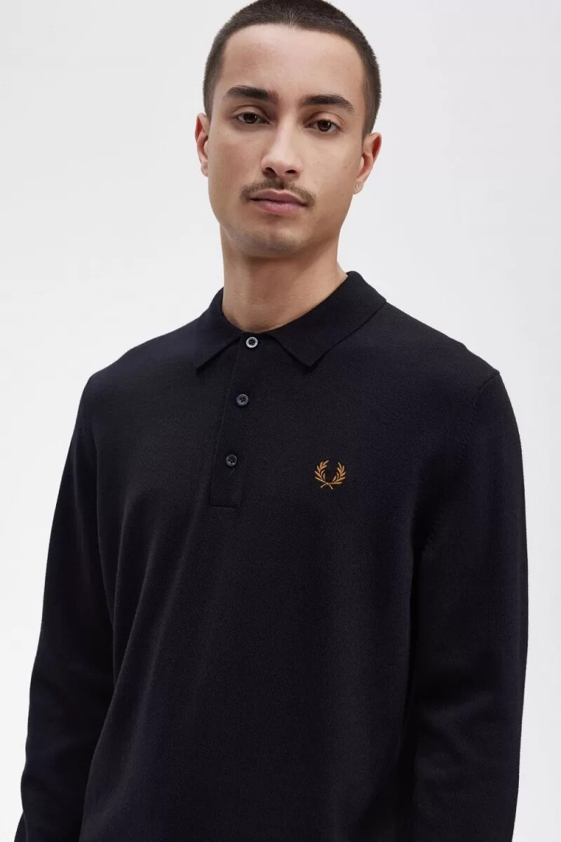 fred perry long sleeve knitted mens shirt navy