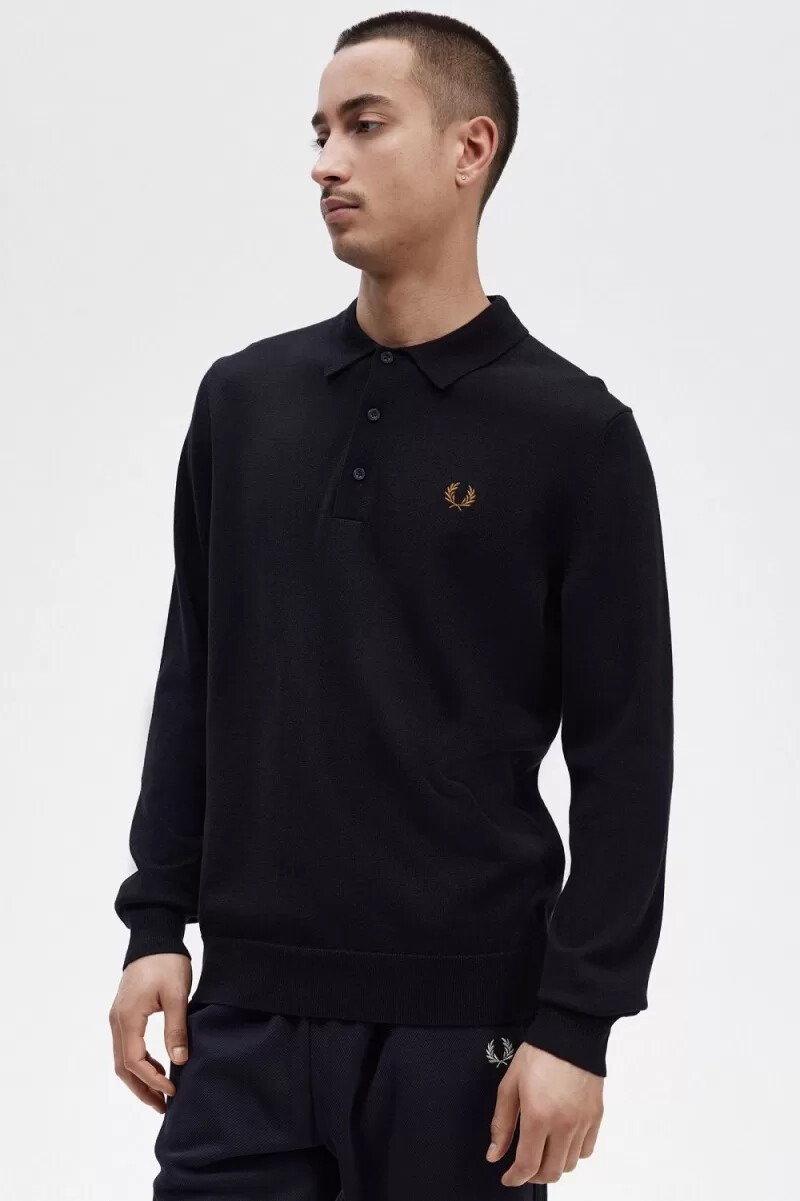 fred perry long sleeve knitted mens shirt navy