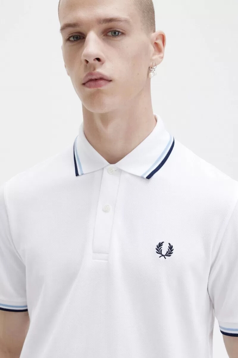 fred perry m12 mens shirt white aqua navy