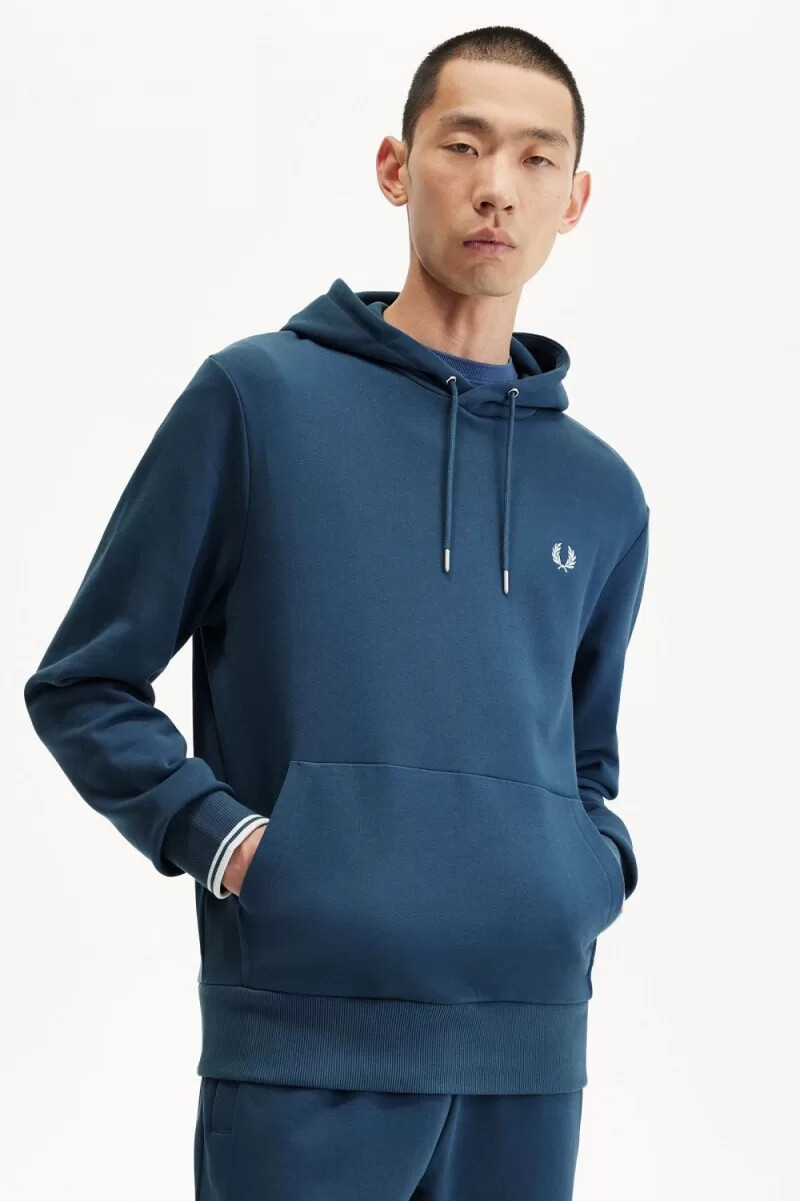 fred perry tipped hooded mens sweatshirts midnight blue light aqua