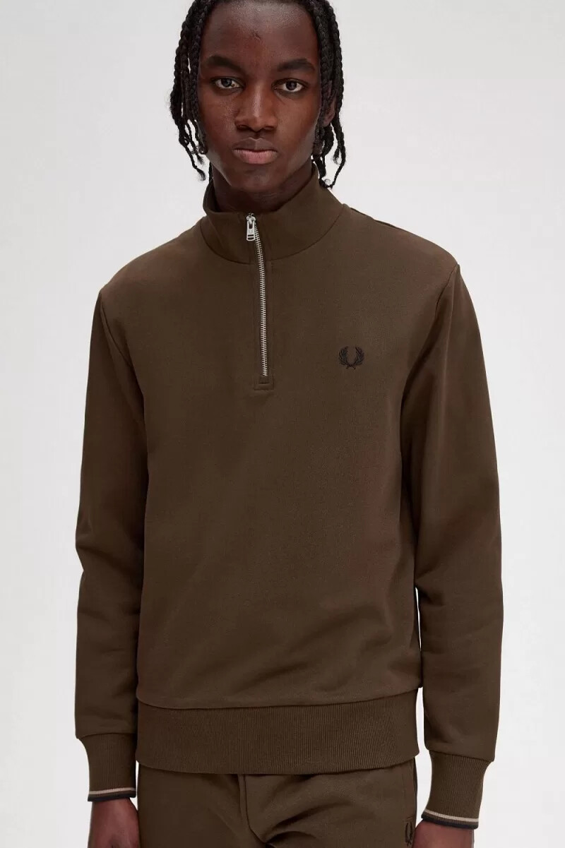 fred perry half zip mens sweatshirts burnt tobacco
