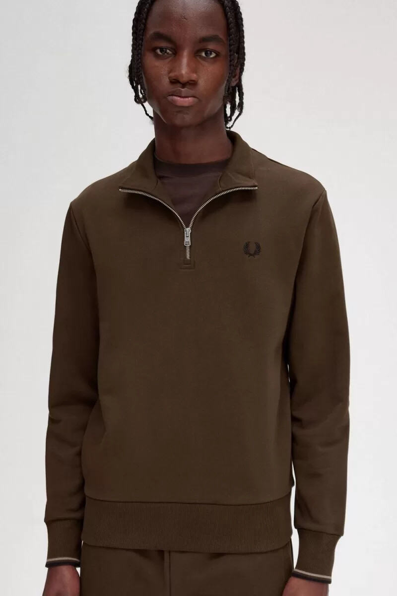 fred perry half zip mens sweatshirts burnt tobacco