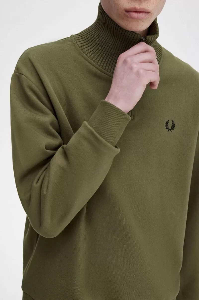 fred perry knitted trim zip neck mens sweatshirts uniform green