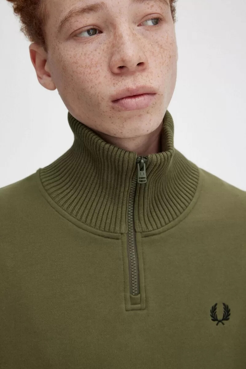 fred perry knitted trim zip neck mens sweatshirts uniform green