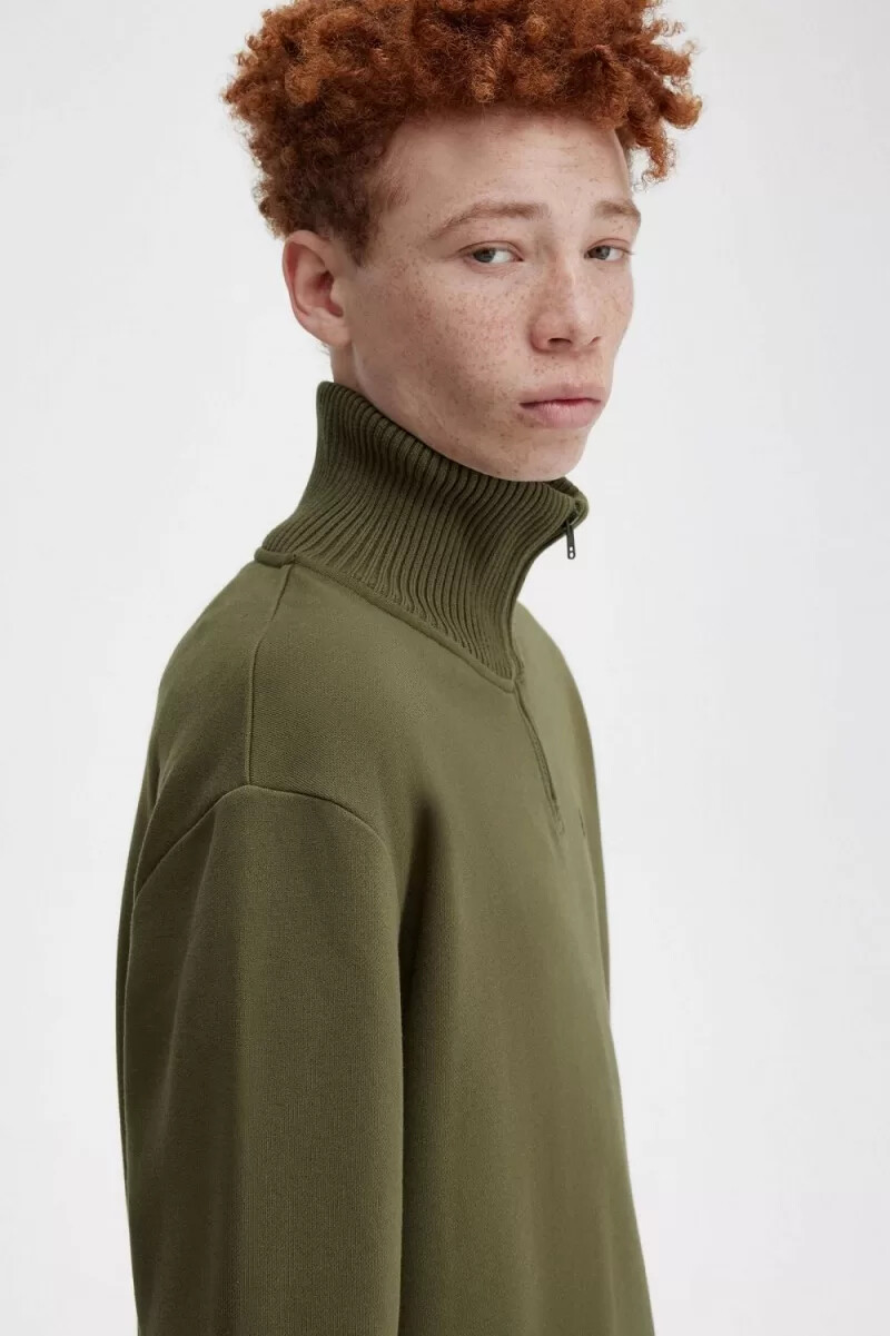 fred perry knitted trim zip neck mens sweatshirts uniform green